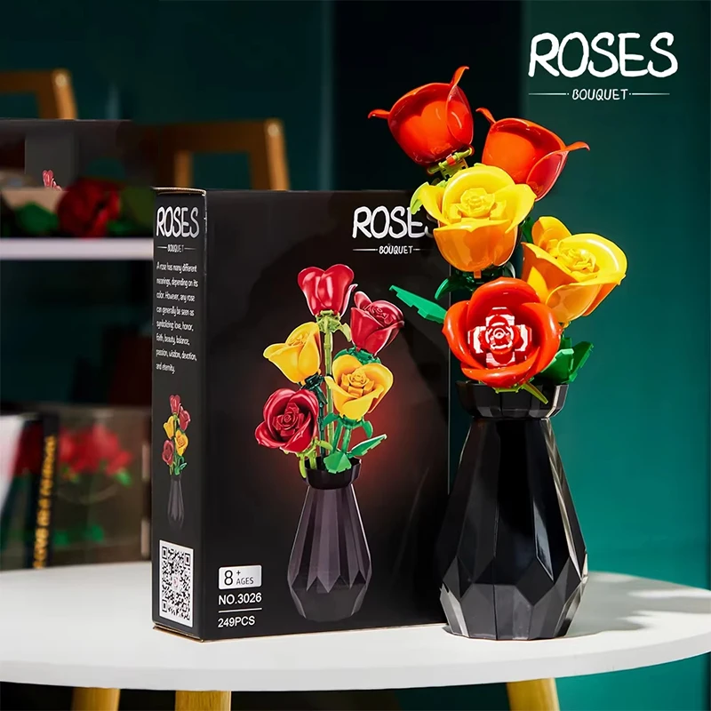 249 個芸術的なローズブーケビルディングブロック花瓶モデルクリエイティブレンガデスクトップ装飾 DIY おもちゃ子供のためのホリデーギフト
