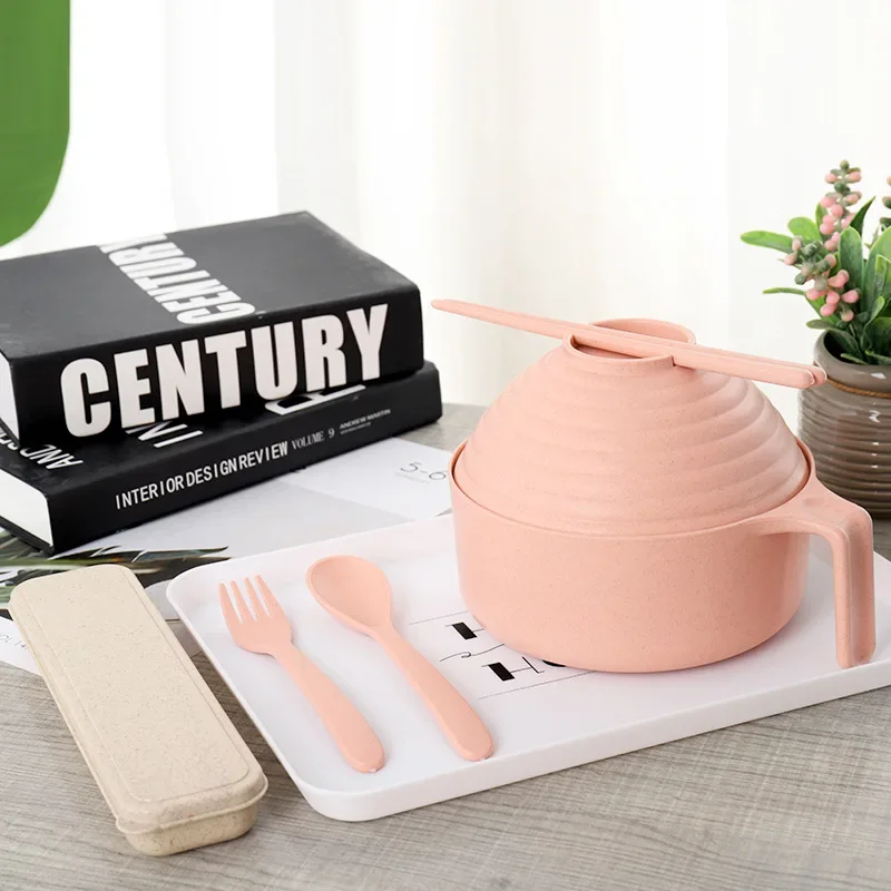 ชุดจานชามบะหมี่กึ่งสำเร็จรูปทำจากฟางข้าวทำจากภาชนะอาหารพร้อมฝาเพื่อสุขภาพ