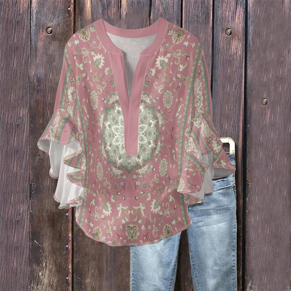 Blusa de crepé de burbujas rosa para mujer, estampado Floral y geométrico, elegante cuello en V, manga acampanada con volantes, camisas Vintage Retro de verano