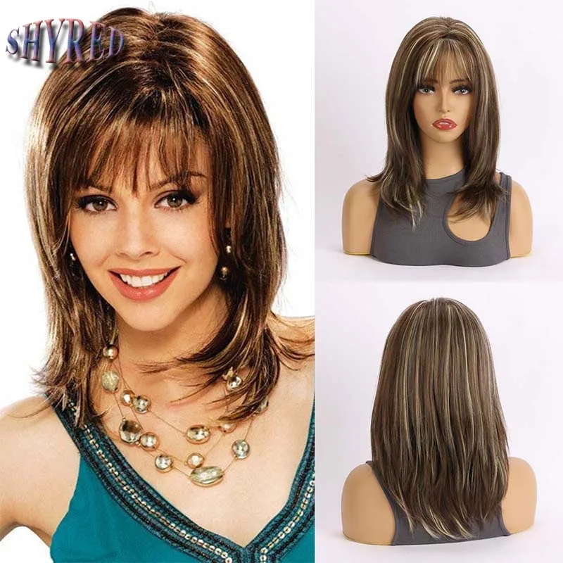 Synthetic Wigs with Bangs Straight Short Highlights Brown Mixed Light Gold Layered Wig with for Women Daily Cosplay Wigs