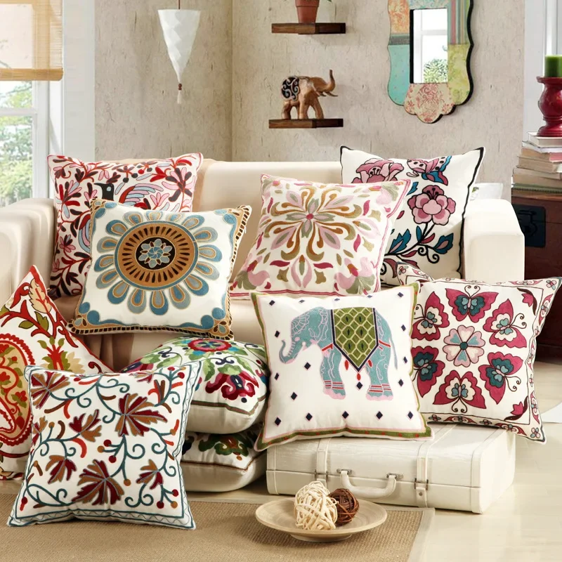 Embroidery Cushion Cover  Cushion Core Ethnic Style Sofa Car Office Waist Cushion Home Decor Pillow Case Pillowcore 45*45cm