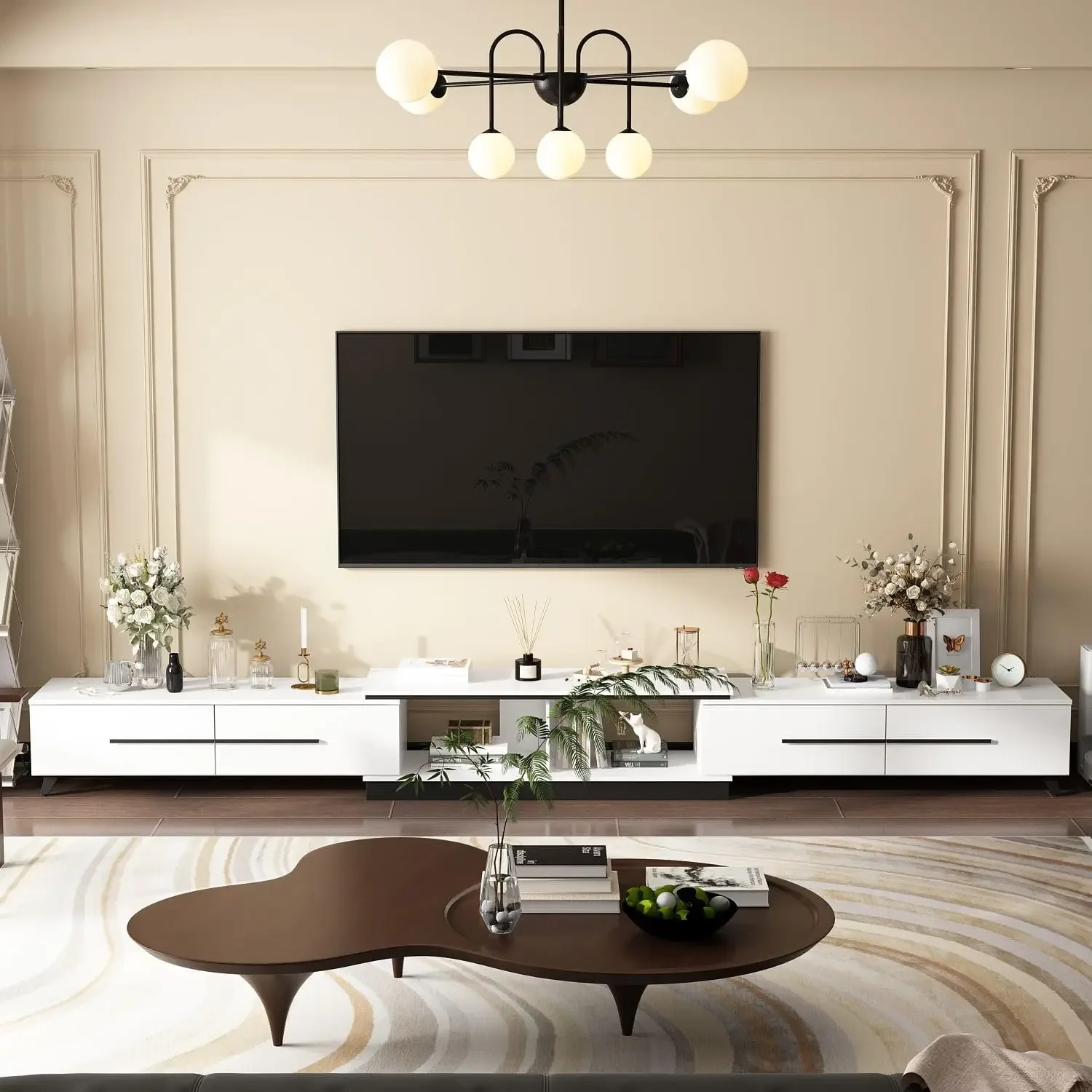 

Modern TV Console Extendable Media Console,Adjustable Length,Contemporary Entertainment Center with Drawers and Legs,Living Room