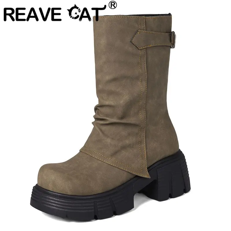 

REAVE CAT Flock Suede Women Mid Calf Boots Round Toe 6.5cm Thick Bottom Slip On Belt Buckle Platform Vintage Leisure Daily Bota