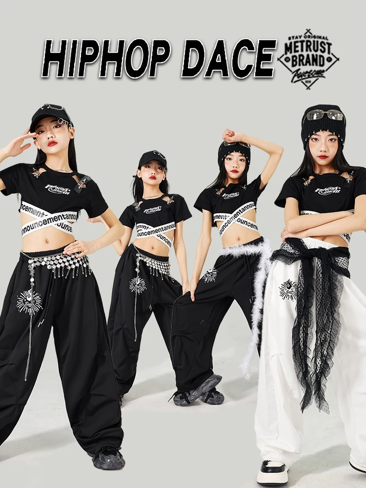 

Girls Jazz Dance Costumes Black Crop Tops Loose Pants Outfits 2025 New Ballroom Hip Hop Dance Performance Stage Wear DQS19426