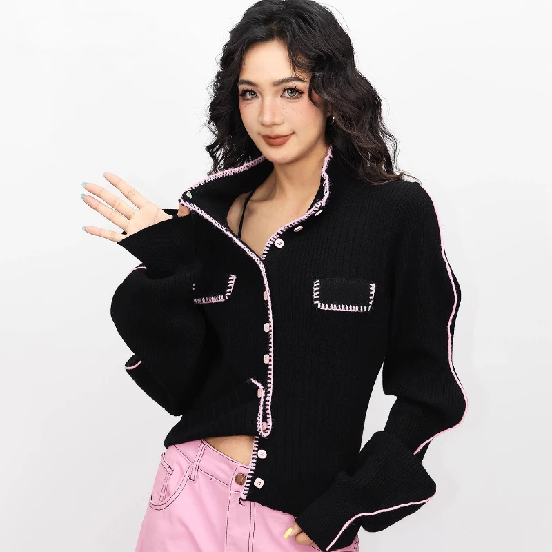 2025 Autumn New Color-Block High-Neck Women's Sweaters Top American Retro Design Warm Slimming Knitted Cardigan Coats Ladies