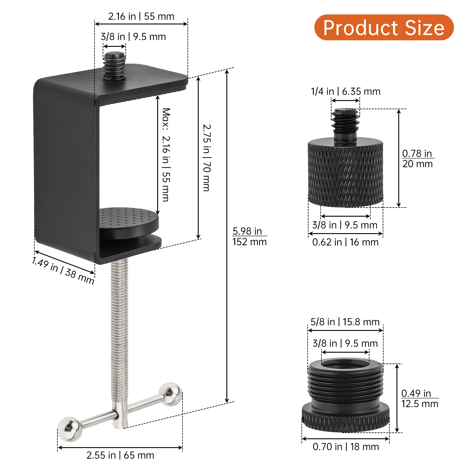 Table Clamp with 3/8-In, 5/8-Inch 1/4-Inch Thread Adapter Heavy-Duty Desk Mount Clamp Table Stand Base for Boom Arms / Gooseneck