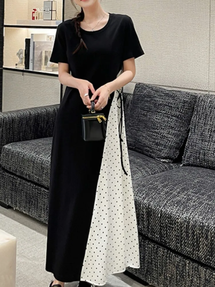 Summer New Loose Polka Dot T-shirt Dress Round Neck Short Sleeve Patchwork Casual Dresses Fashion Vintage Women vestidos