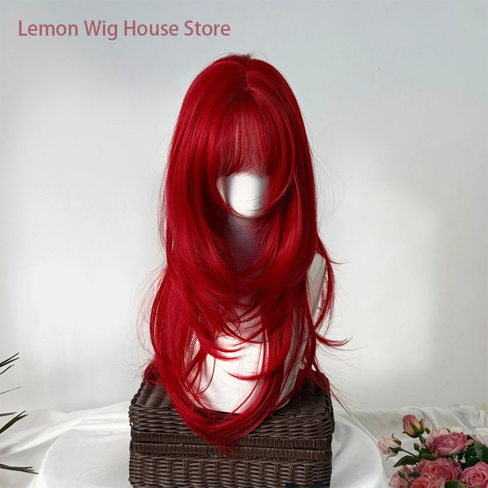 Picture 3: Red Synthetic Wig with Bangs Long Straight Hair High-Layered Wig Lolita for Women's Daily Party Cosplay Wig Heat Resistant