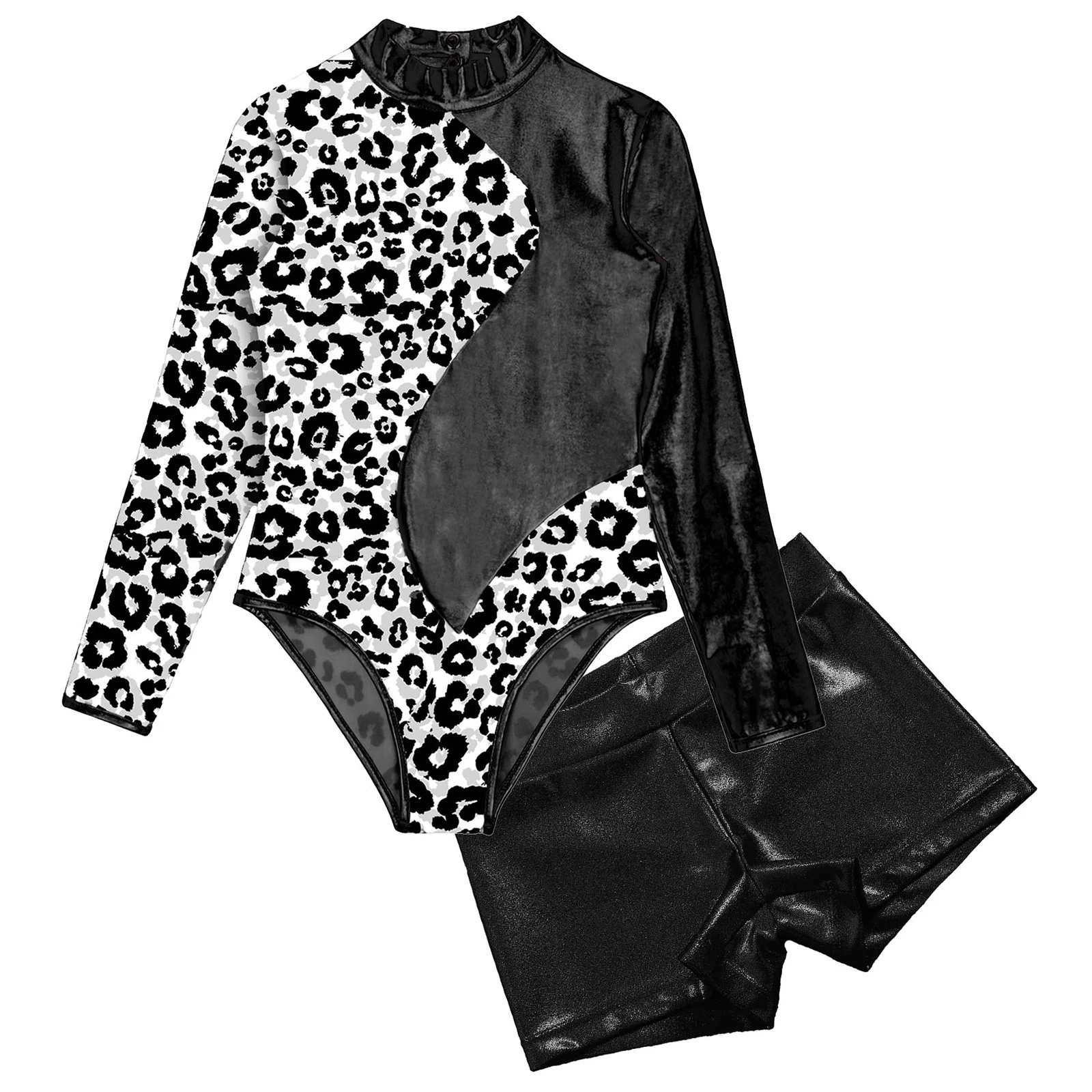 Children Gymnastics Leotards Kids Girls Leopard Printed Ballet Dance Leotard + Shorts Dancewear Set Long Sleeve Skating Jumpsuit