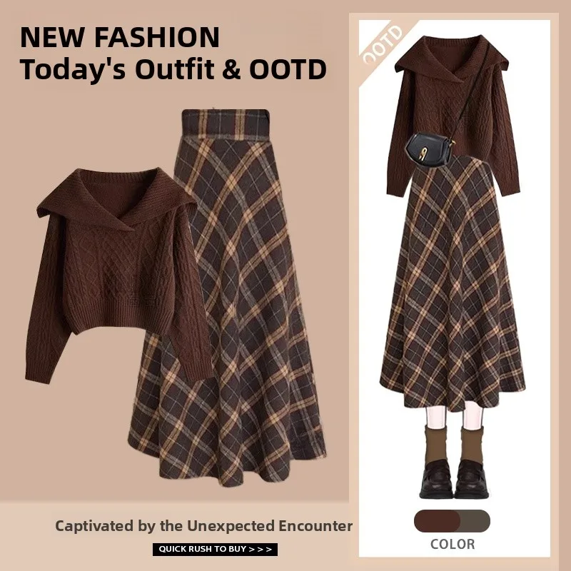 

Korean Style College Fashion Sweater Knitted Plaid Skirt Two-Piece Set Autumn Winter Slimming Long Sleeve Fashion Set