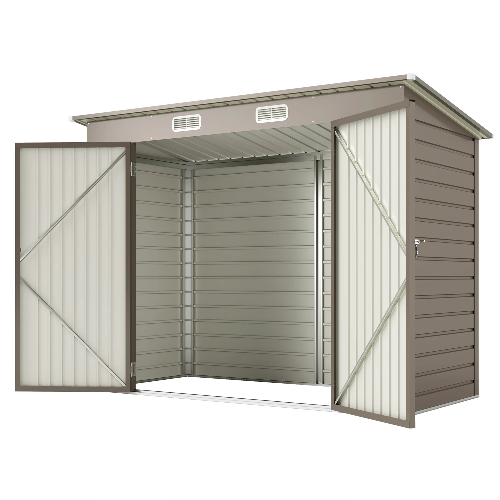 Caseta de Jardín Metálica Resistente a la Intemperie con Puertas Dobles con Cerradura, Caseta de Almacenamiento de Acero Ventilada para Patio Trasero, 3.5x7 Pies