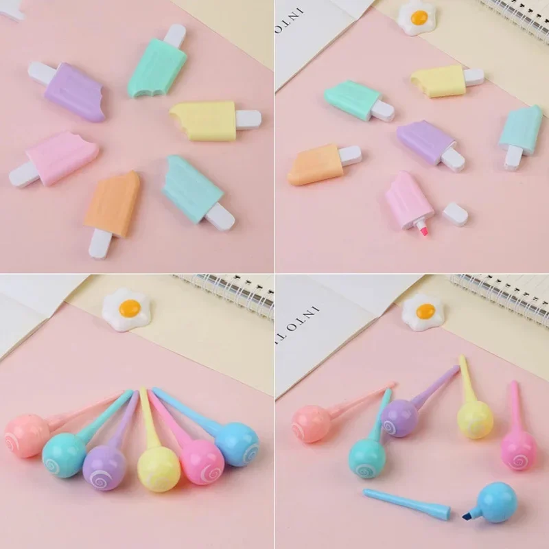 Resaltadores de gato de dibujos animados bonitos, papelería escolar de oficina, suministros de dibujo para estudiantes, Mini bolígrafo marcador de pintura de helado Kawaii, 6 piezas por lote