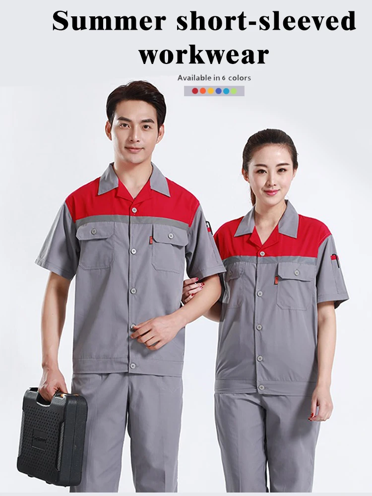 

Short Sleeve Work Uniform Set Lightweight Breathable Shirt Pants Work Overalls for Installers Mechanics Stain Abrasion Resistant