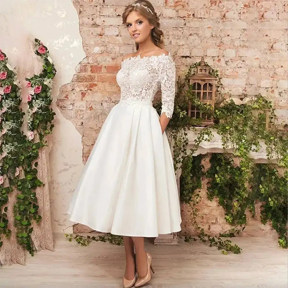 

Vintage Short Wedding Dress For Women Long Sleeves Scoop Tea Length Lace Satin A-Line Bride Party Gowns Vestidos De Noiva