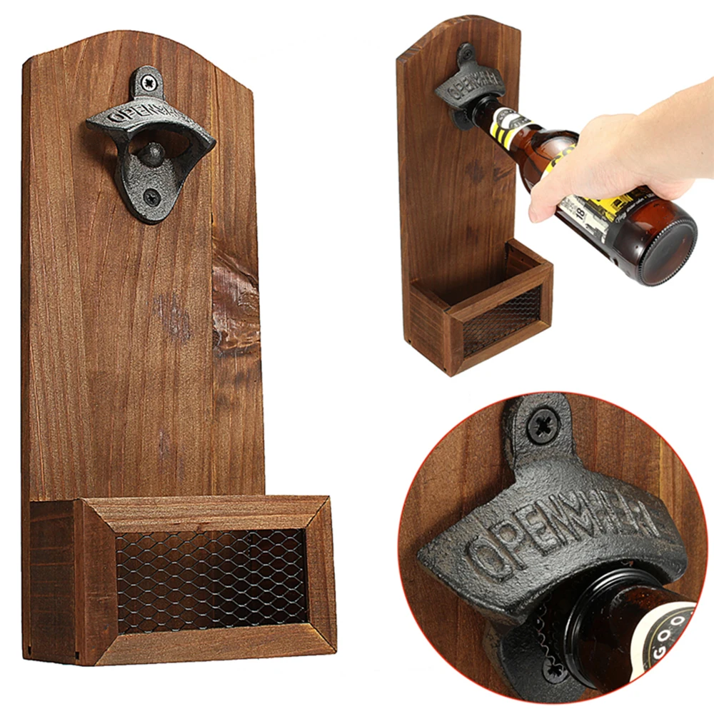 Counter Bottle Opener Wooden Wall Mounted Bottle Opener Creativity Beer Glass Bottle Opener Household Kitchen Bar Tools