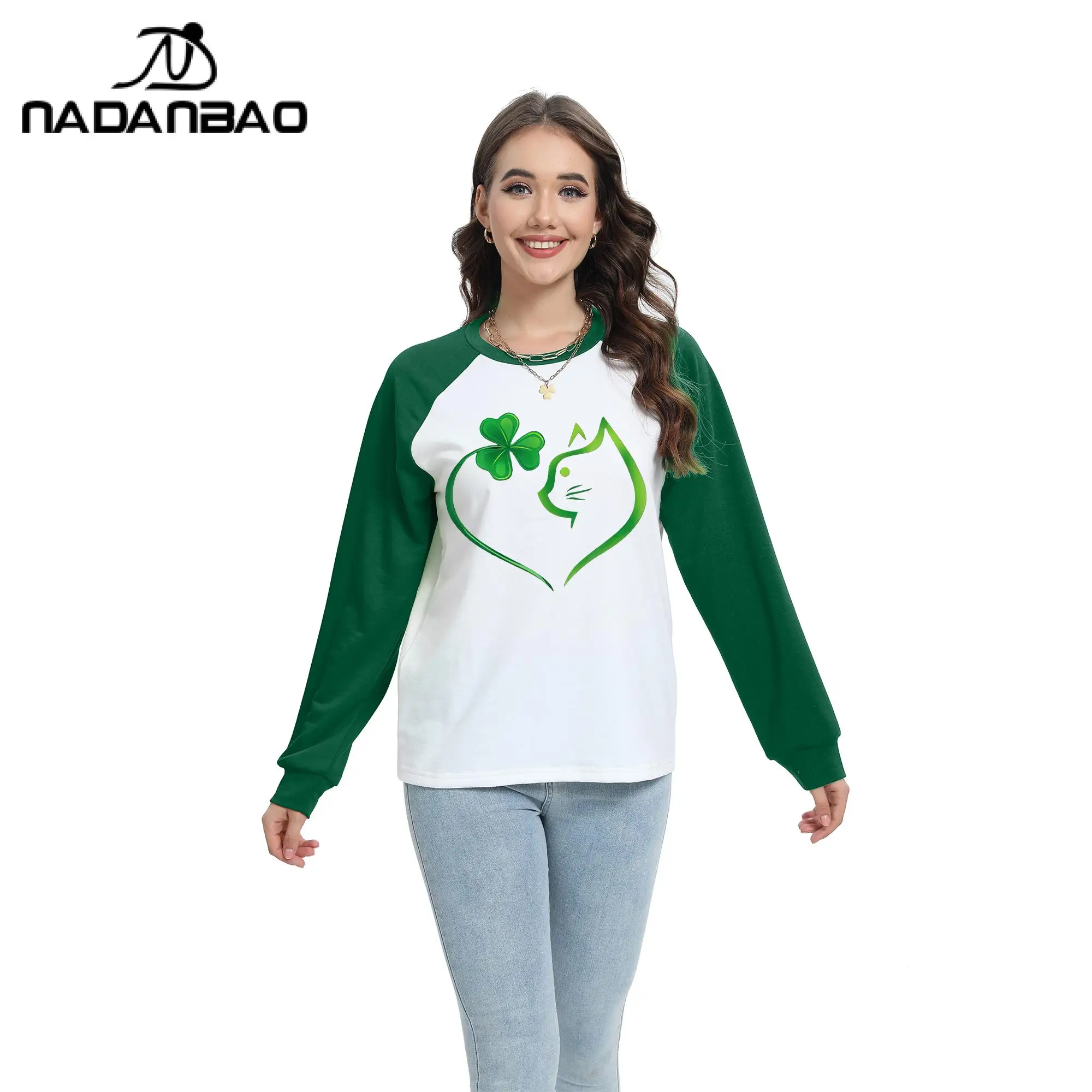 St'patrick Hot Stamping Hoodie Warm and Loose Fitting Top Fashionable Round Neck Long Sleeved Pullover Versatile for Women