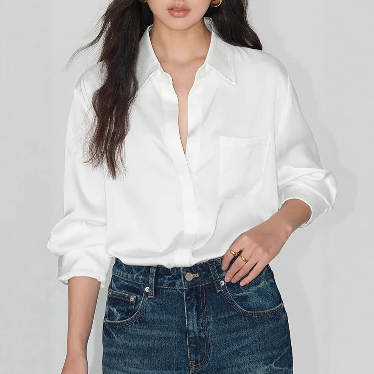 

Элегантная атласная женская рубашка с длинным рукавом, свободного кроя, в корейском стиле, модный повседневный топ с элементами пэчворка
