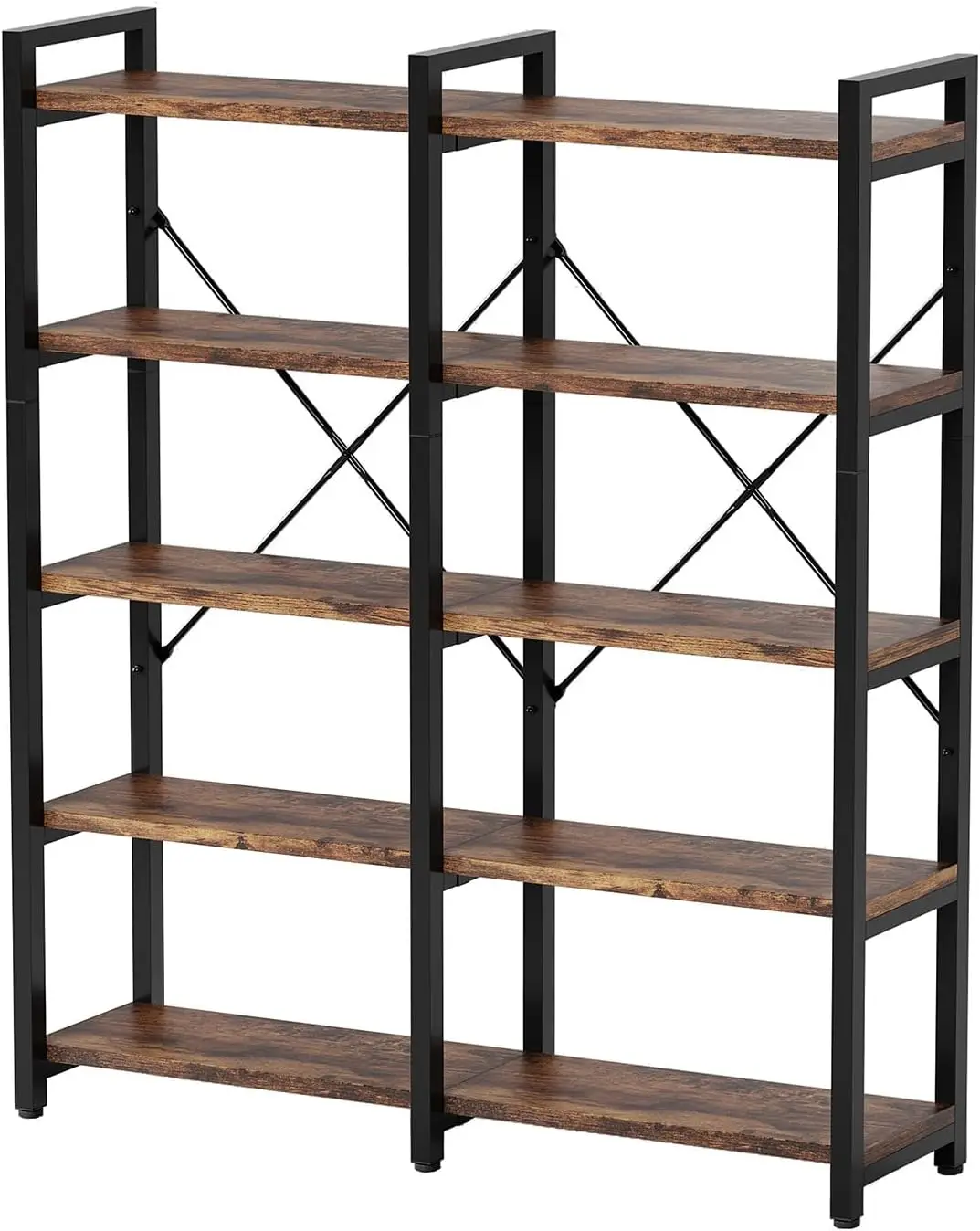 

Double Wide Book Shelf, Industrial Bookshelf With Metal Frame, Open Large Book Shelf, Wood Display Shelves For Home And Office,