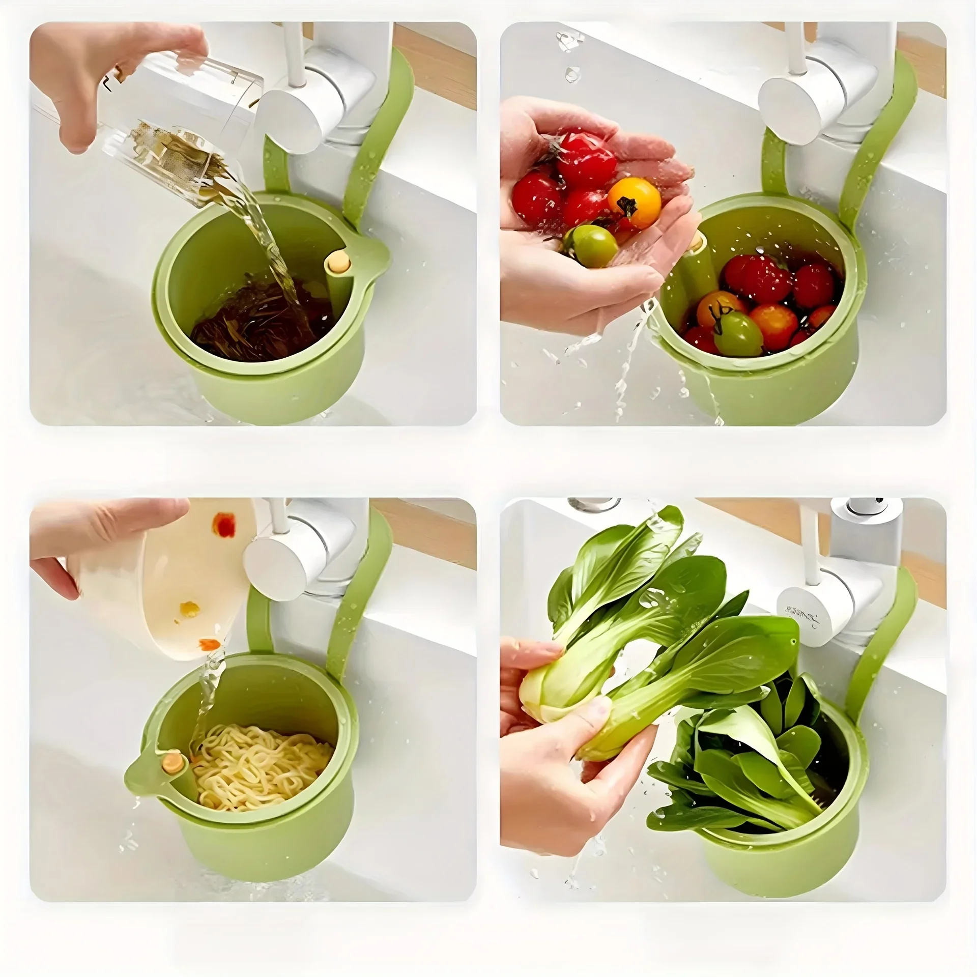 Hanging Sink Basket with Button Drain Split Filter - 1 -Second Install for Kitchen Bathroom Space Saving Durable Plastic Storage