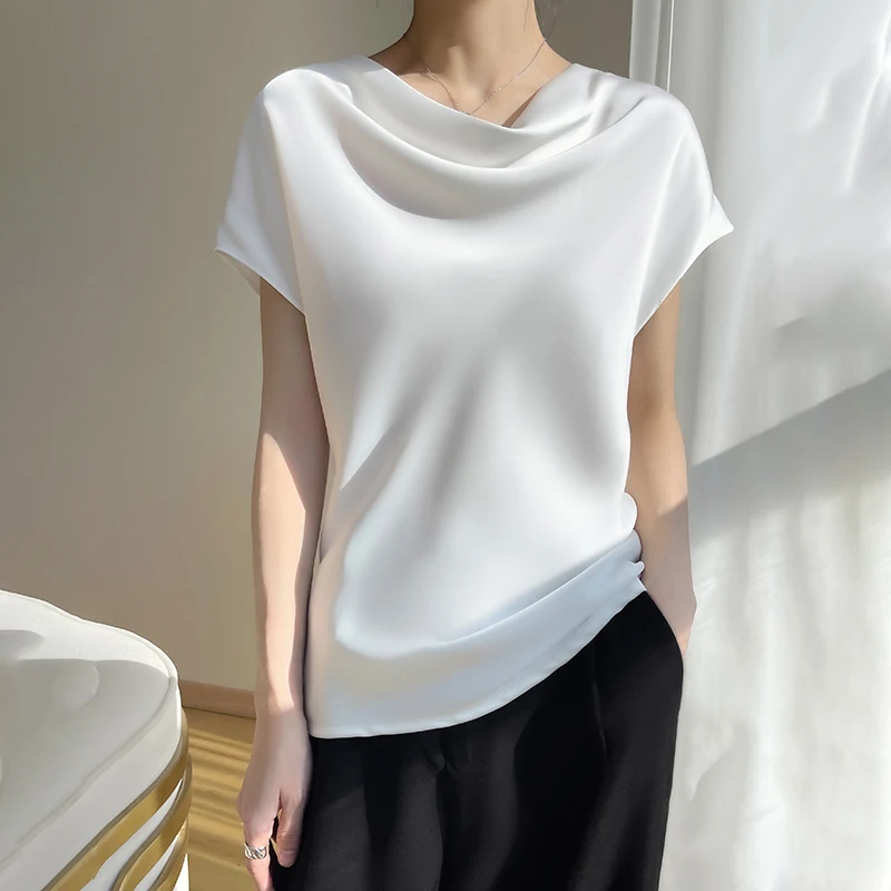 Summer New Simple Style Loose Stacked Collar Solid Silkworm Silk Gloss Pure Smooth Women's Short Sleeve Top T-shirt