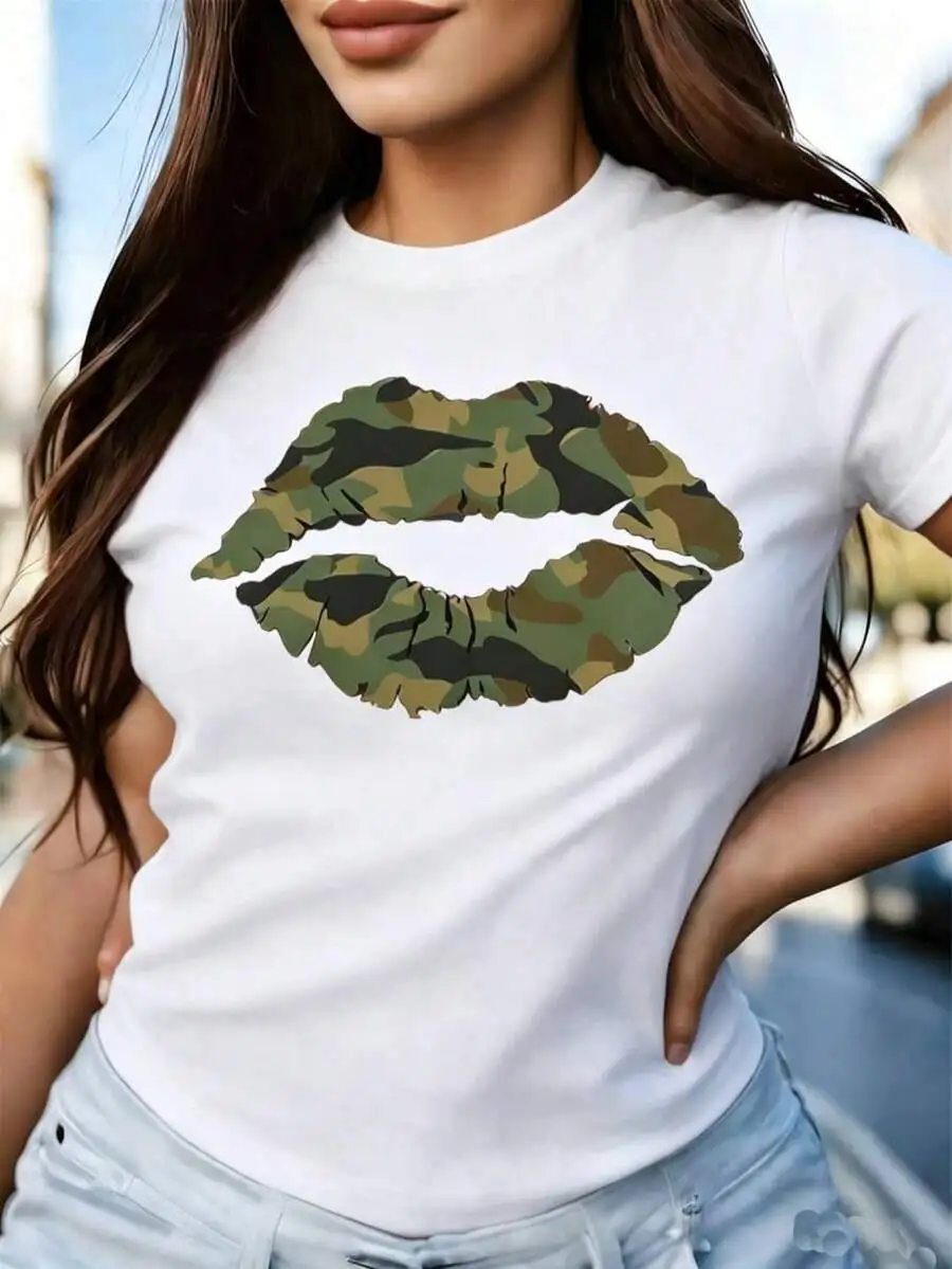 

White Crew Neck Camo Lip Print T-Shirt For Women Summer Casual Top