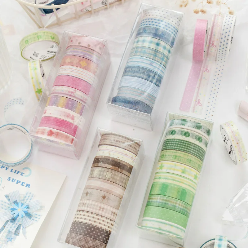 10 Rolls Aesthetic Multi‑pattern Washi Tape, Pastel Plaid Stripe Masking Tape for DIY Junk Journal Planner Decor