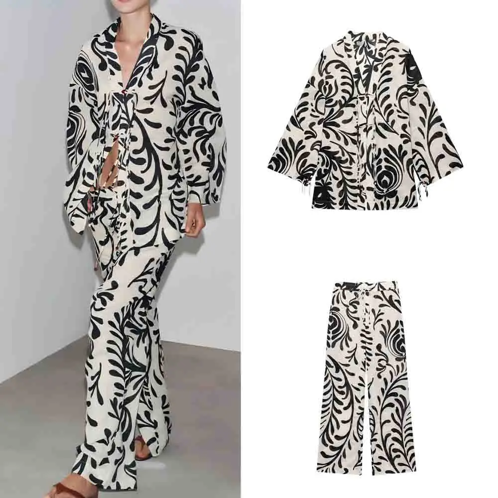 

Women's 2025 new fashion bead Lace up design loose print kimono style top long sleeved V-neck women's shirt chic top+Pants suit