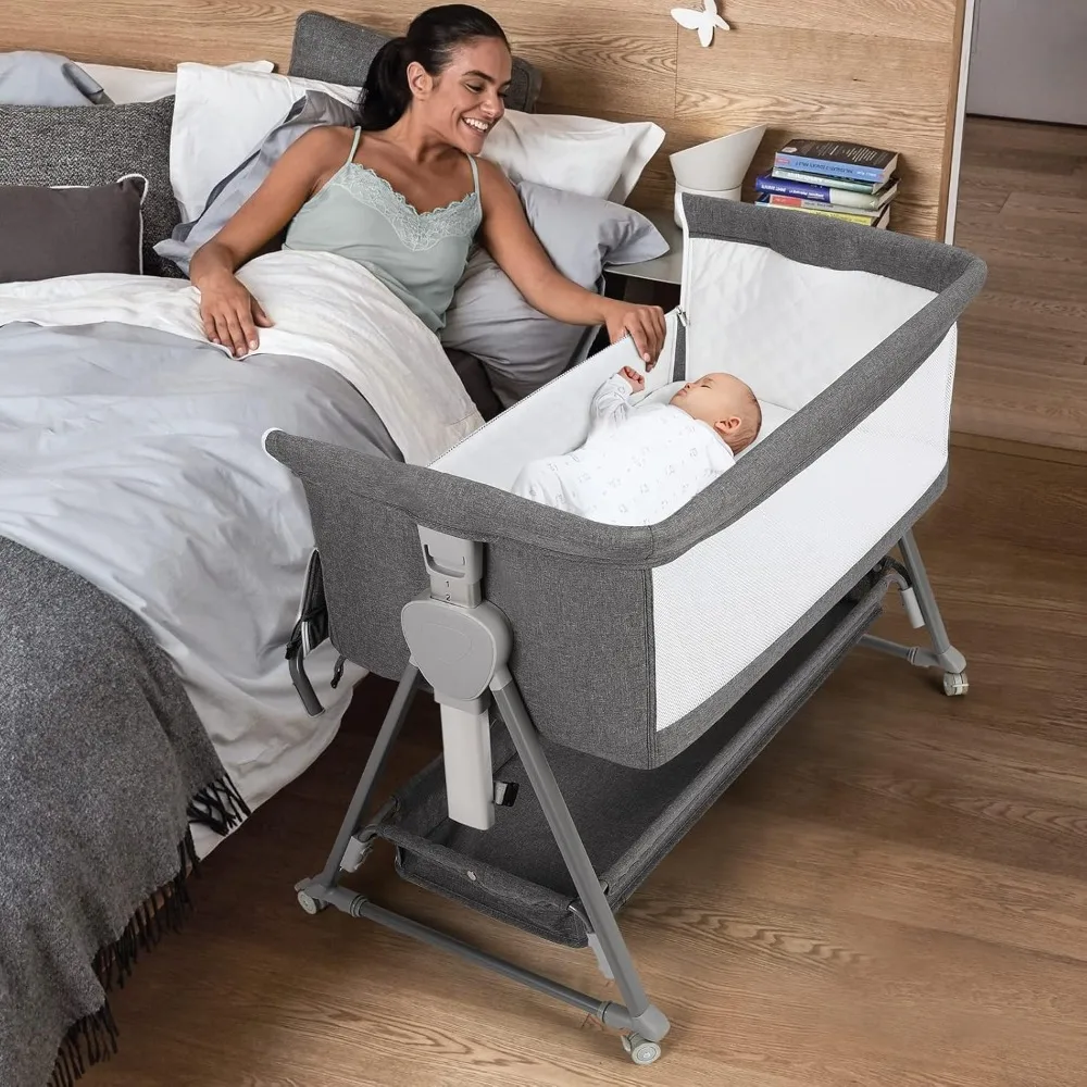 Bassinet Bedside Sleeper, Baby Bassinet with 7 Adjustable Height, Bedside Bassinets for Baby with Breathable Mesh Sides & Mattr