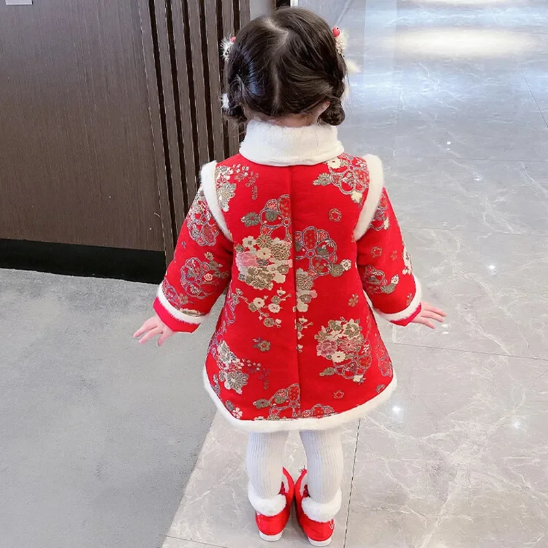 2023 New Year TangSuits Age 2-8 Toddler Kids Red Princess Birthday Party Outfit  Winter Chinese Cheongsam Dress For Baby Girls