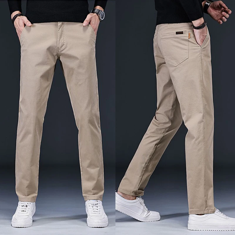 

New Pure 97% Cotton Casual Pants for Men Black Khaki Gray Blue Business Slim Straight Elastic Fashion Casual Long Pants Male