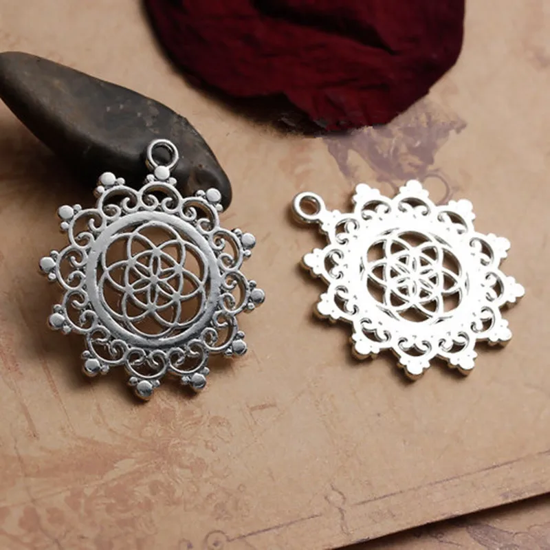 8Seasons Zinc Alloy Seed Of Life Pendants Round Gold/Siver Color Hollow Carved Bohemian Style Charms DIY Necklace Jewelry,5PCs