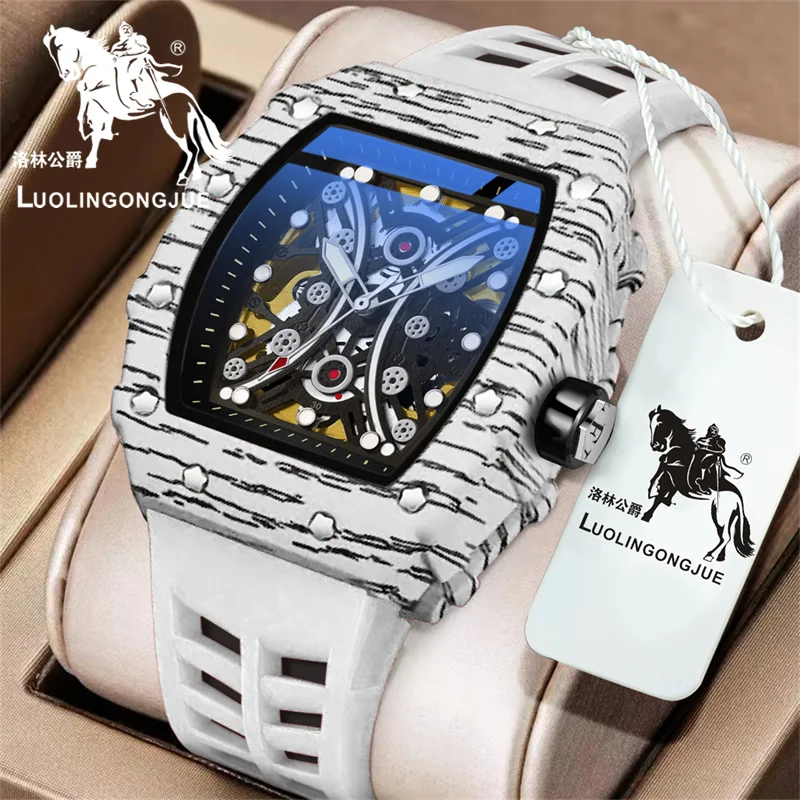 

New Barrel-Shaped High-End Business Men's Mechanical Watch, Automatic Winding, Skeleton Design, Silicone Strap, High-Value, Light Luxury, Fashionable, Casual, Versatile, Unique, Cool and Handsome Trendy Men's Watch, the Best Gift for Boyfriend or Husband 