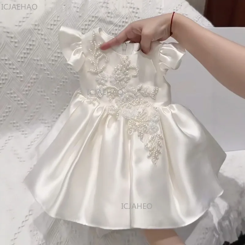 2026 Kids Girls Birthday Princess Dress Satin Performance Gown Pageant Formal Celebration Outfit Children Host Flower Girl Piano