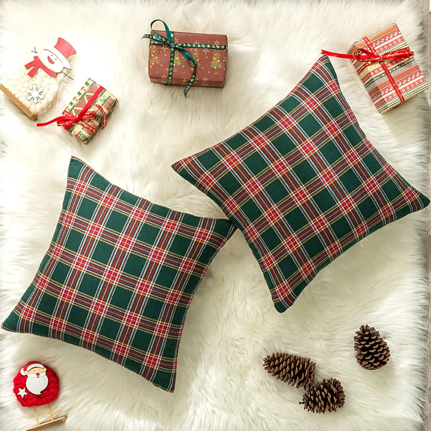 2PCS Christmas Plaid Decorative Throw Pillow Covers Scottish Tartan Cushion Case for Farmhouse Home Holiday Decor Red and Green