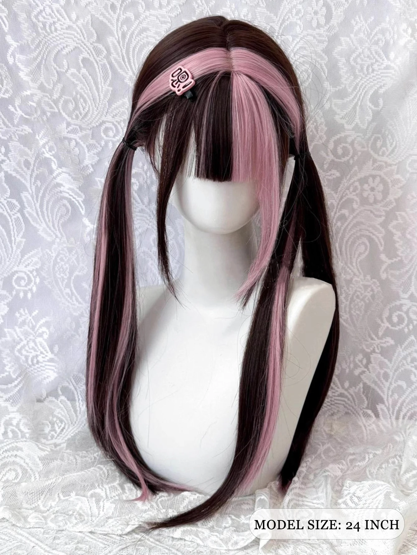 LM Black Half Pink Split Dye Long Straight Pigtail Wig with Bangs Synthetic Wig for Women Lolita Cosplay Halloween Costume Party