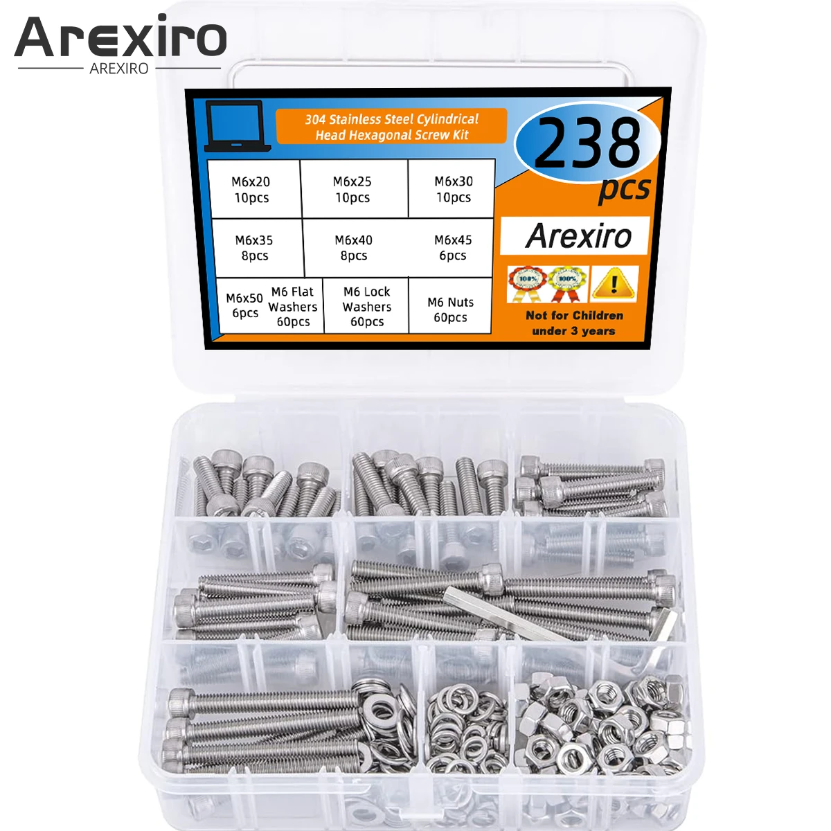

238 шт. M6x10/20/25/30/35/40/45/50 мм винты с шестигранной головкой из нержавеющей стали 304, комплект болтов с шестигранной головкой и гайками