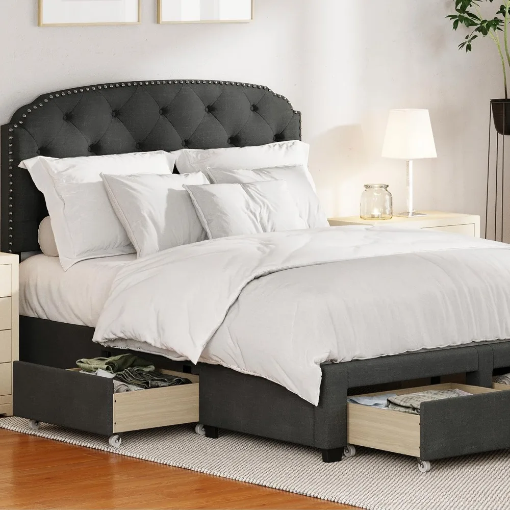 

Bed Frame, Queen, Tufted Upholstered Panel with Storage Drawers and Nailhead Trim Headboard, Linen Fabric, Platform Bed Frame