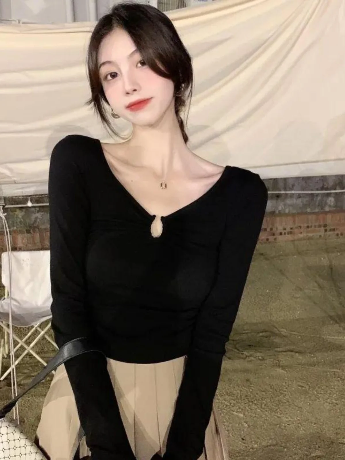 ort Svel U-Ne Long Sve T-Shirt Damen Frühling Herbst Schlankheitsbasis irt Design Pure Desire Koreanisches SLE-Top