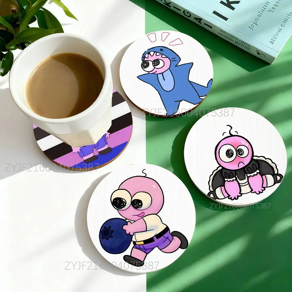 

S-Smiling Friends Pim Round Wooden Coasters Heat Resistant Non-slip Drink Cafe Decoration 2D Flat Print Coasters Set