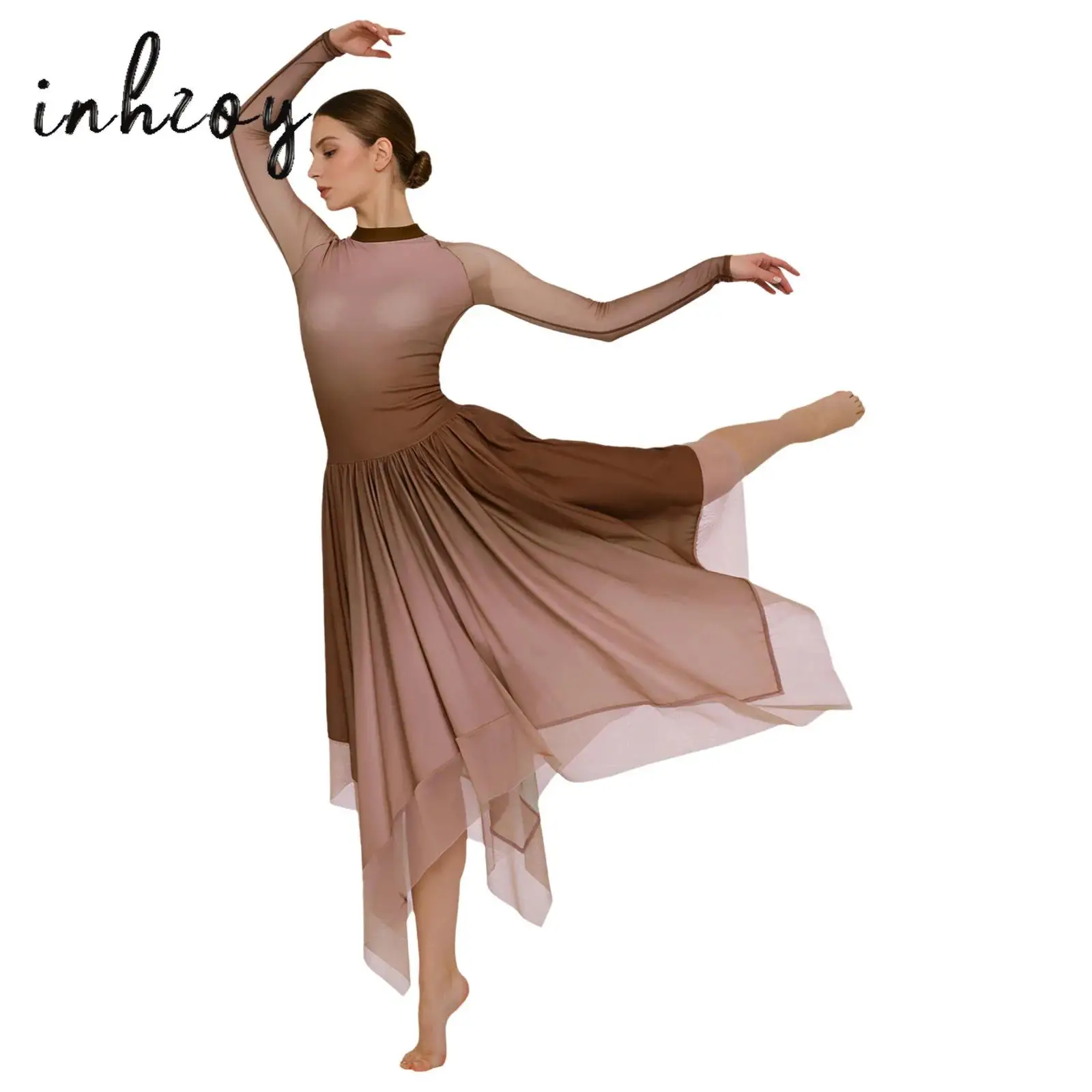 Gradient Lyrical Dance Kleid für Damen, Langarm, Mesh, Unregelmäßiger Saum, Rückseitiges Schlüsselloch, Leotard-Kleid für Eiskunstlauf und Modern Dance