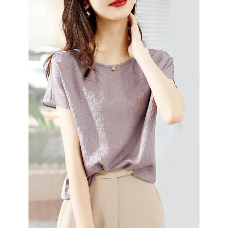 Women Summer Simplicity Loose Office Lady Solid Color O-neck Short Sleeve Chiffon Shirt Women Clothes Casual All-match Top Tee