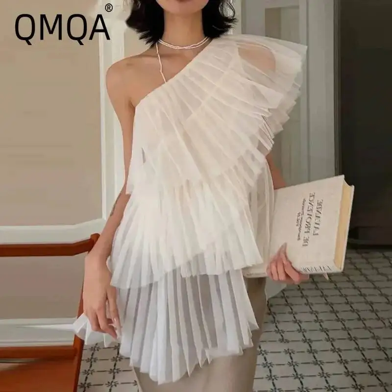 QMQA Fashion Women's Irregular Mesh Shirts Diagonal Collar One Shoulder Solid Sheer Spliced Folds Blouse Female 2026 QM1376