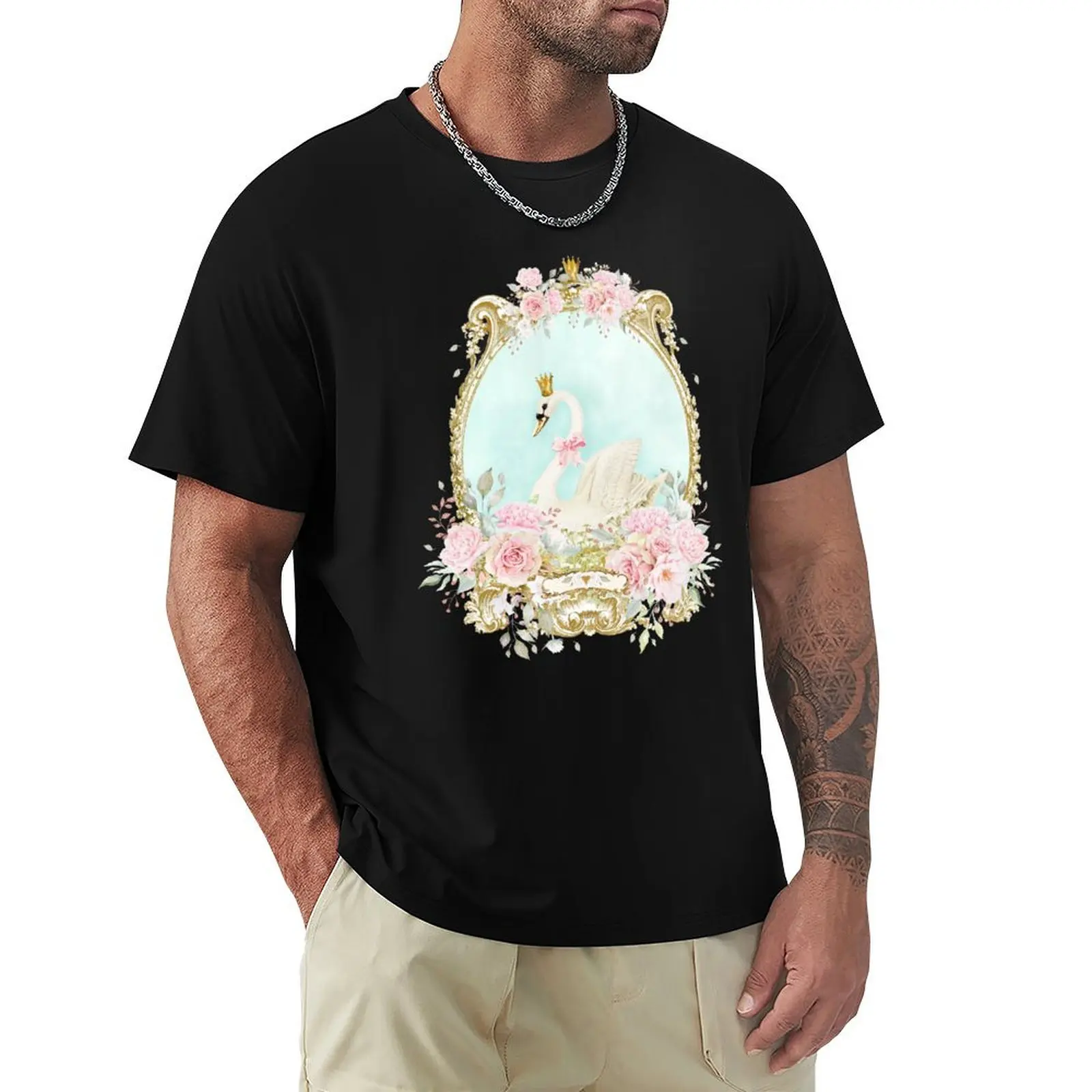 The Shabby White Swan, romantic with pink flowers T-Shirt Light Athletic Short Sleeve Tee Shirt