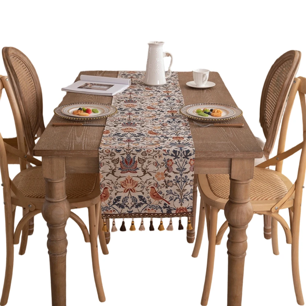 Textured Botanical Jacquard with Ornamental Vine and Bird Elements Double-Layer Polyester Cotton Fabric for Table Use