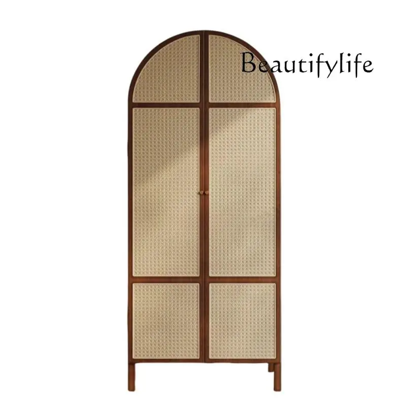 

Solid wood rattan wardrobe storage small apartment retro homestay bedroom Japanese simple designer wardrobe