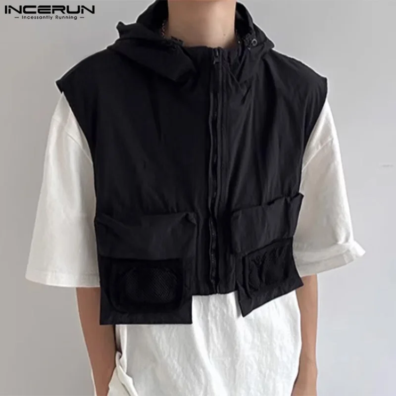 INCERUN Tops 2024 Korean Style Men's Thin Cropped Zippered Hooded Design Vests Casual City Walk Solid Sleeveless Waistcoat S-5XL