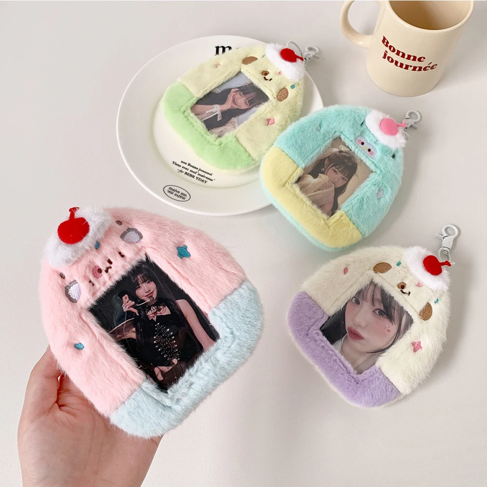 Y2k Plush Card Holder Bag Keychain Pendant Korean 3 Inch Postcard Pocket Card Sleeve Students Bus Card Protective Cover Case