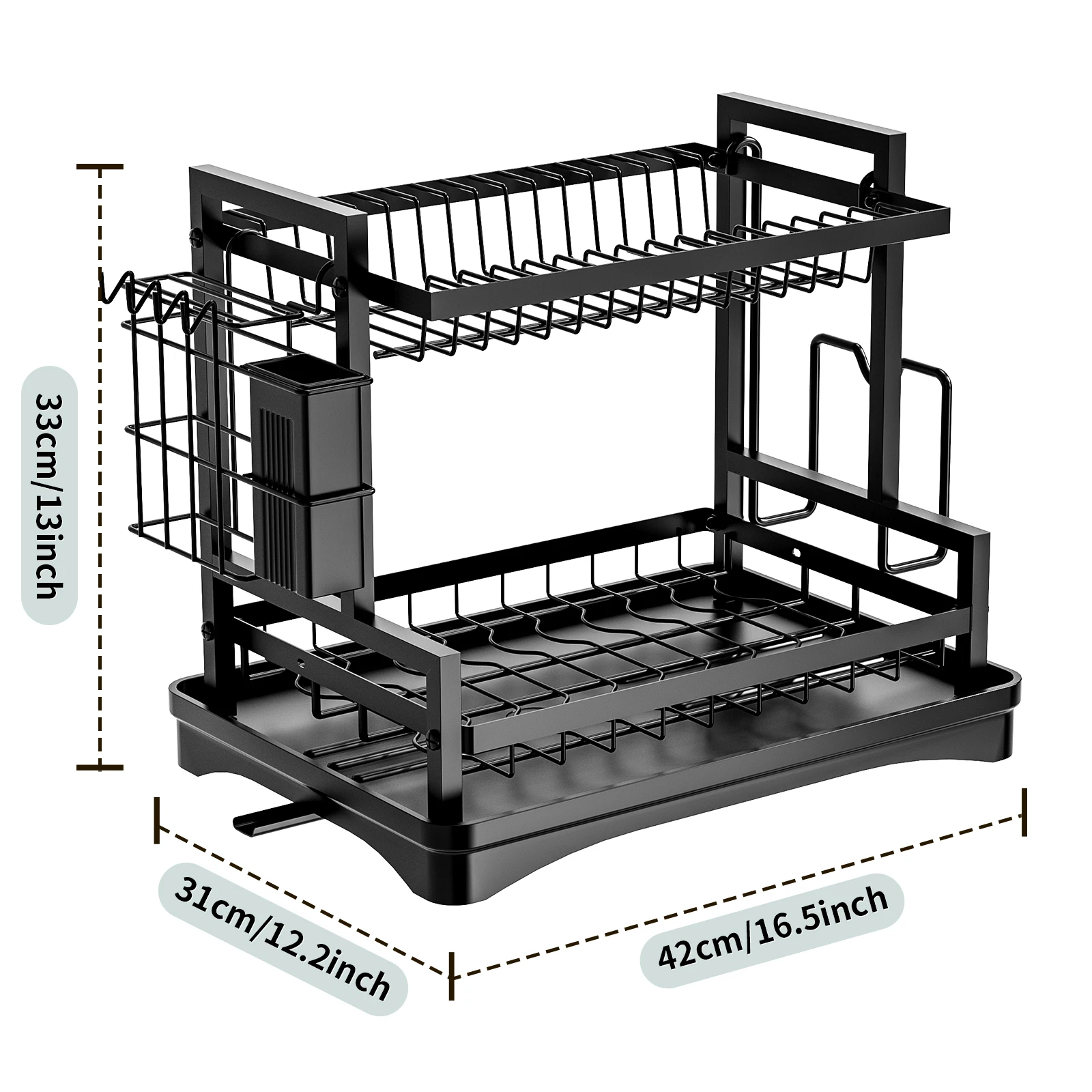 Dish Drying Rack，Space-Saving 2-Tier Dish Drying Rack with Utensil Holder & Cup Holder for Kitchen Counter,Black