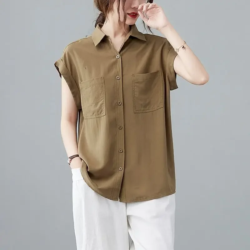 

Модные блузки для женщин Art Повседневная однотонная рубашка с коротким рукавом Повседневная свободная демонстрация Тонкие рубашки 2024 Летний тренд Тонкая рубашка Y2k Одежда