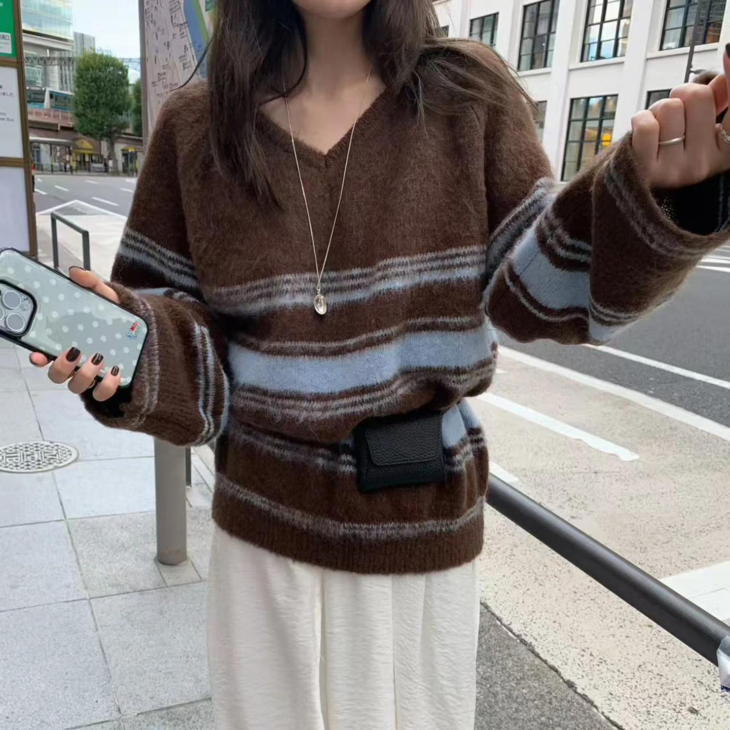 Y2K سترة متماسكة الخامس الرقبة الطبقات مخطط الخشن كسول نمط البلوز تنوعا